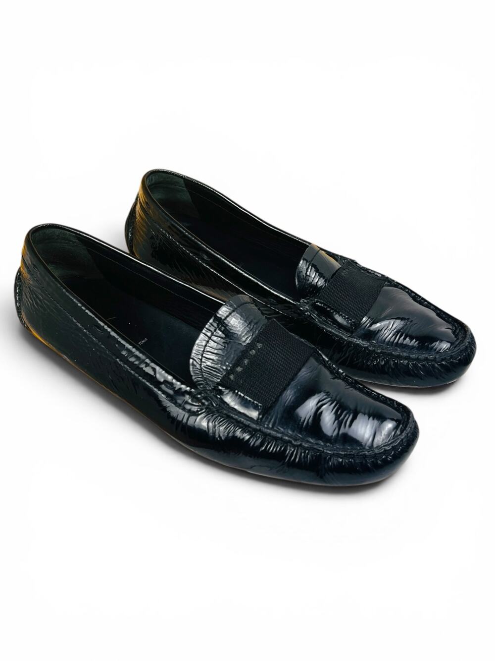 Prada Naplak Patent Leather Driving Loafers Black Logo Tab EU 38.5